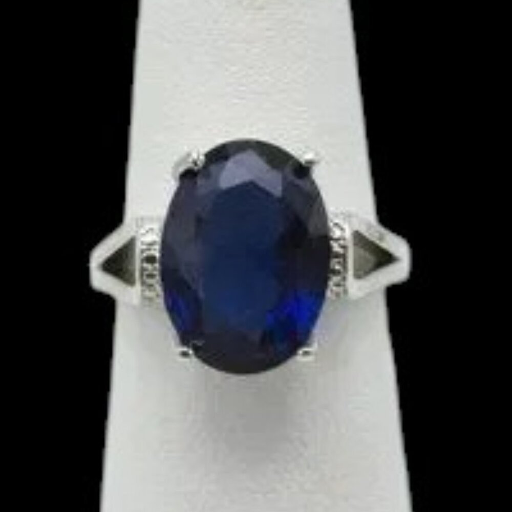 S925 & Sapphire Glass Ring Oval Faceted Stone